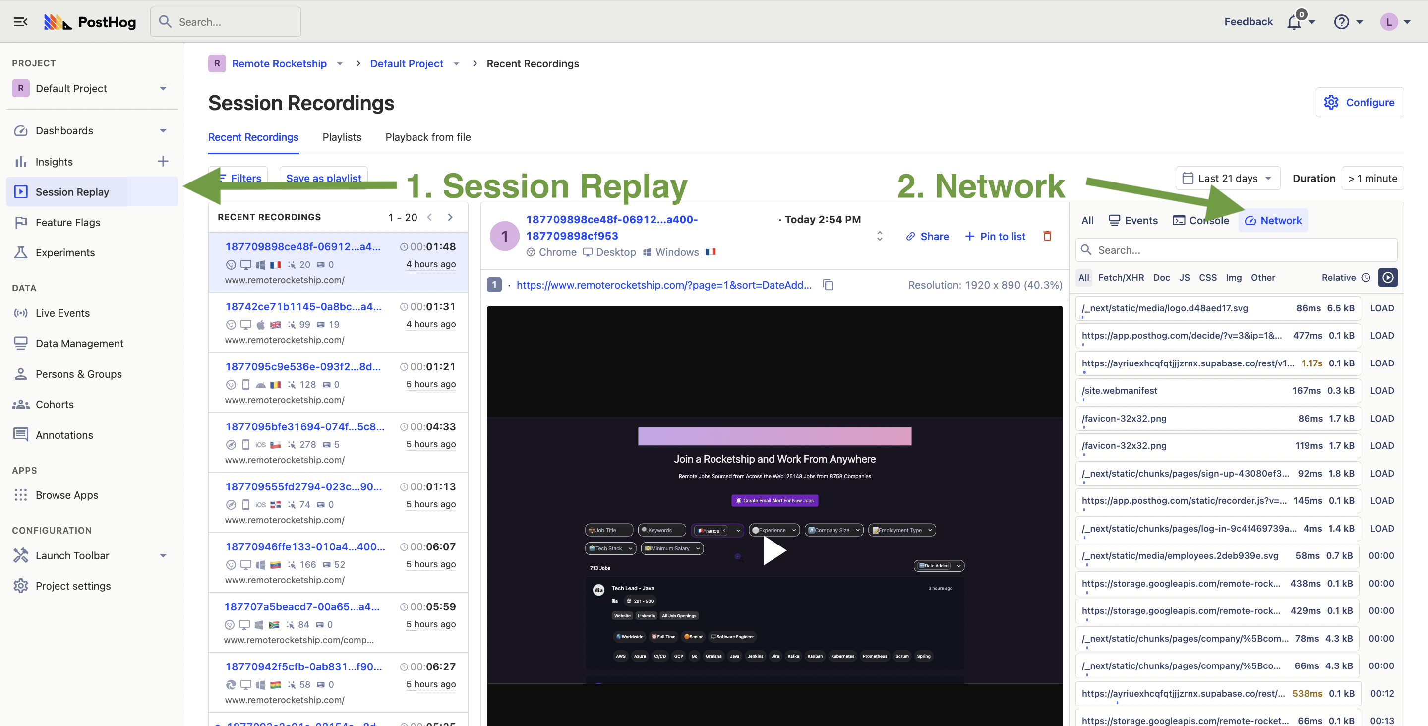 A screenshot showing where to find the performance monitoring in the session replays tool